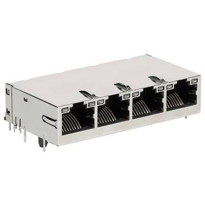 Cztery złącza Ethernet RJ-45 ułożone w rzędzie, typowo stosowane w urządzeniach sieciowych do przewodowych połączeń internetowych.