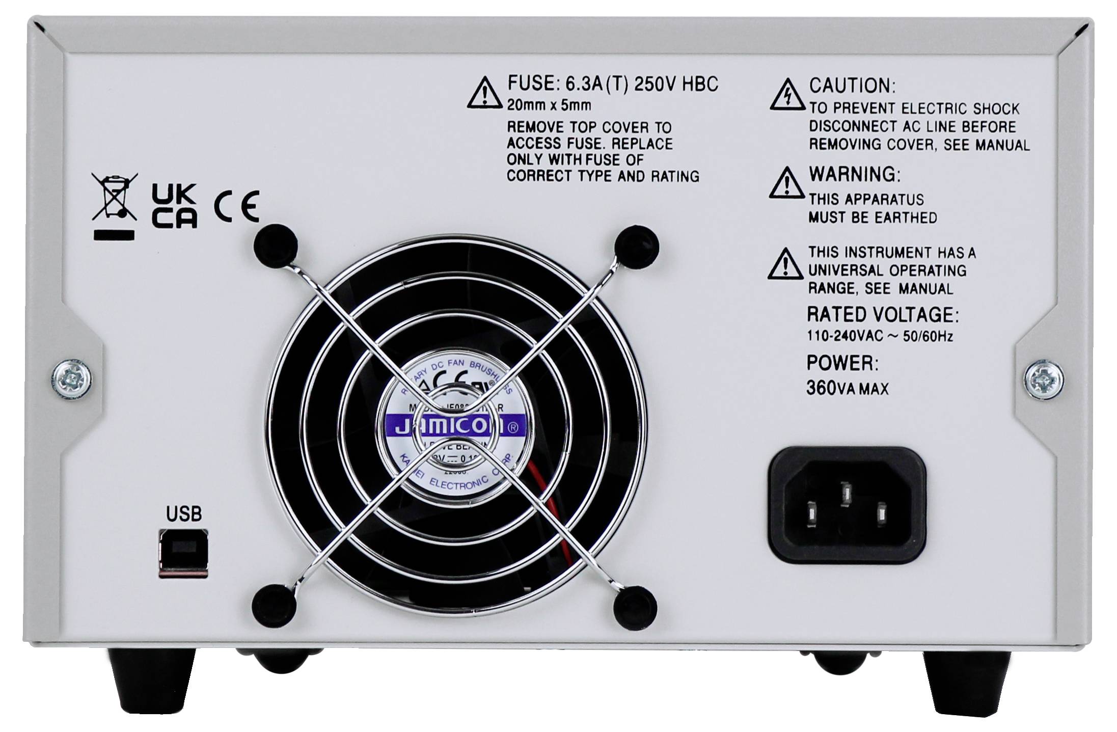 Tylna strona zasilacza komputerowego z wentylatorem, złączem USB, gniazdem przewodu zasilającego oraz informacjami dotyczącymi bezpieczeństwa. Napięcie: 110-240V, maks. 360VA.