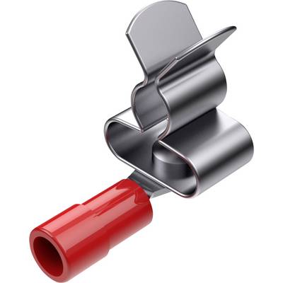 Metalowa klamra z czerwonym plastikowym uchwytem, prawdopodobnie złącze elektryczne lub element wyposażenia samochodu, na neutralnym tle.
