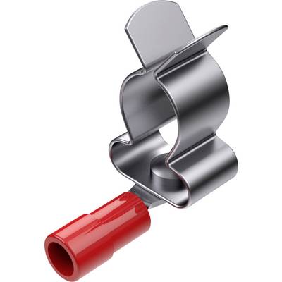 Zacisk metalowy z czerwonym plastikowym końcem, prawdopodobnie izolacja.