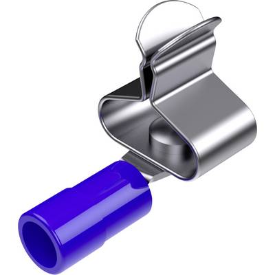 Srebrny klips metalowy z niebieskim uchwytem z tworzywa sztucznego. Klips jest otwarty, ukazując mechanizm zacisku.