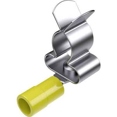 Metalowy klips z żółtą osłoną z tworzywa sztucznego, przedstawiony w pozycji zawieszonej na neutralnym tle.