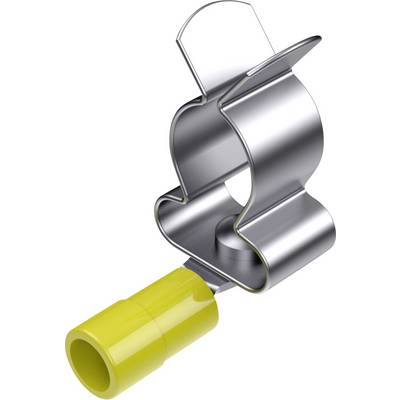 Metalowa zaciśniętka z żółtą plastikową rękojeścią, często stosowana do bezpiecznego mocowania materiałów lub przewodów.