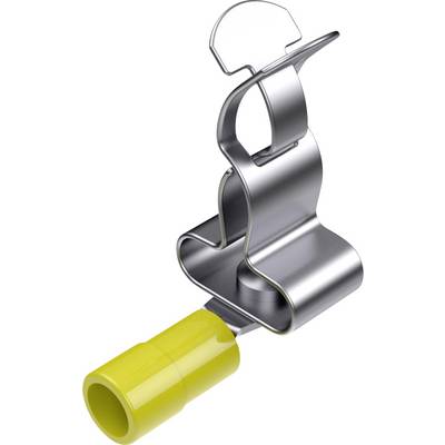 Metalowy klips z żółtym plastikowym zakończeniem, prawdopodobnie służący do mocowania obiektów poprzez zaciskanie.