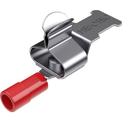 Metalowe spinacze łączą dwa przewody; jeden z czerwoną izolacją. Nazwa producenta 'HEROTEC' wygrawerowana na spinaczu.