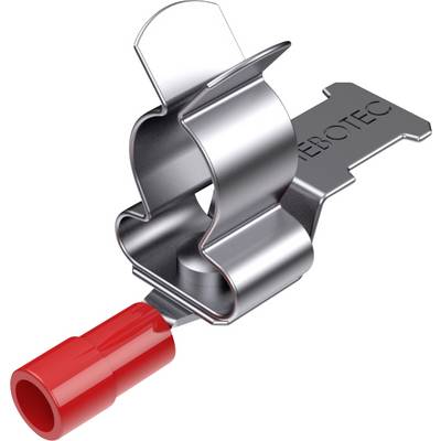 Metalowa klema z czerwonym zakończeniem z tworzywa sztucznego, prawdopodobnie element techniczny.