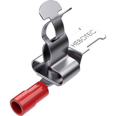 Metalowy klips z czerwoną rurką plastikową z napisem 'HEBOTEC', prawdopodobnie będący elementem mocującym lub przyłączeniowym.