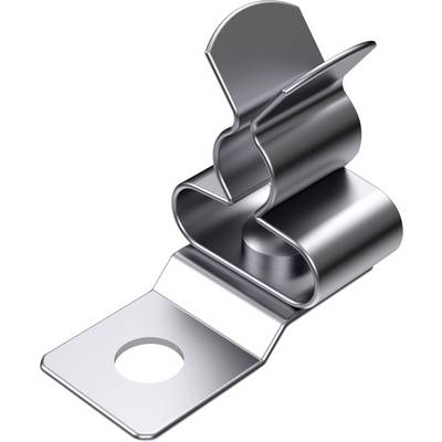 Srebrny metalowy spinacz o gładkiej, zakrzywionej formie z otworem mocującym, przydatny do organizacji kabli lub dokumentów.