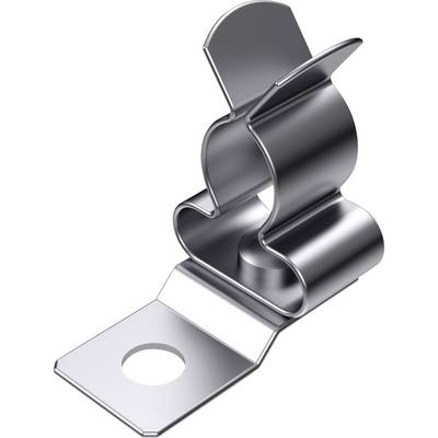 Srebrny metalowy klips, który może być stosowany w zastosowaniach budowlanych, z otworem do mocowania śrubą.
