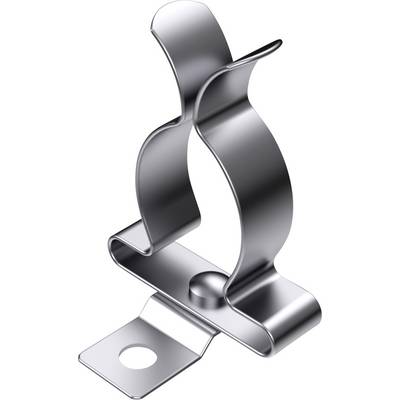 Metalowa spinka w kolorze srebrnym, używana jako element mocujący. Ma zagięty kształt z małym uchwytem.