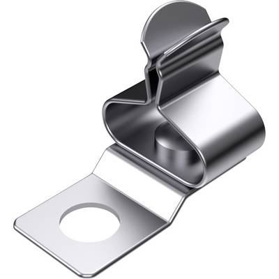 Metalowa klamra z dużym otworem w dolnej części. Odpowiednia do mocowania obiektów na płaskiej powierzchni.
