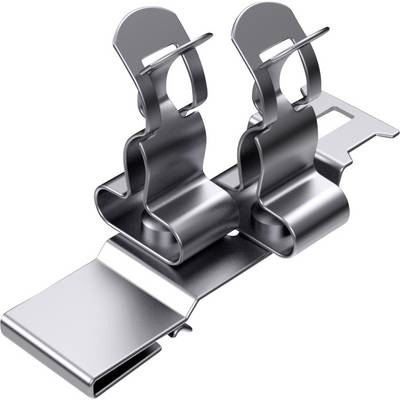 Metalowy mechanizm dźwigniowy z dwoma okrągłymi otworami, często stosowany w segregatorach do przytrzymywania kartek.