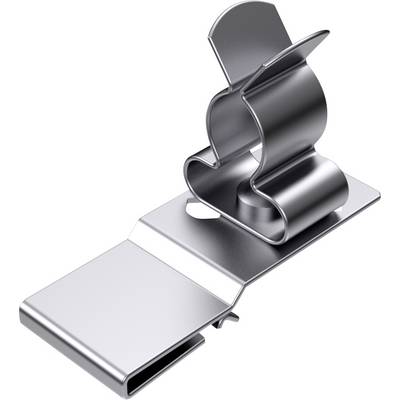 Srebrny metalowy spinacz z wygiętym uchwytem do mocowania dokumentów lub papieru.