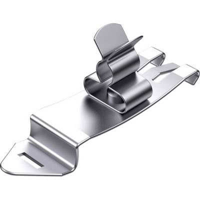 Srebrny metalowy klips o wielowarstwowej budowie, wyposażony w kilka szczelin i elastyczny mechanizm zamykający, sfotografowany na białym tle.