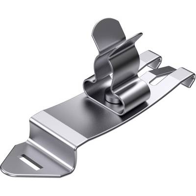 Srebrny metalowy zacisk o wygiętych krawędziach, z uchwytem pośrodku, prawdopodobnie służący do mocowania kabli lub podobnych przedmiotów.