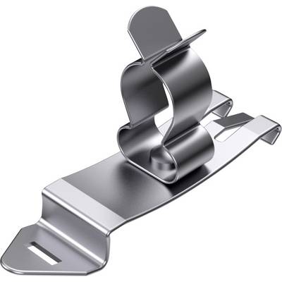 Metalowy klips o zakrzywionym kształcie, przydatny do mocowania przedmiotów, z błyszczącą srebrną powierzchnią.