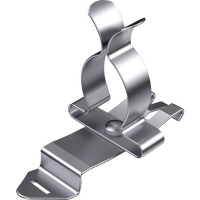 Metalowy zacisk mocujący o wygiętym kształcie, przeznaczony do zarządzania przewodami lub mocowania małych przedmiotów do różnych powierzchni.