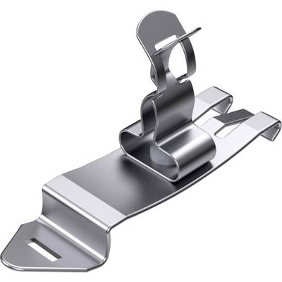Metalowy klips ze stali nierdzewnej o wygiętym kształcie, przeznaczony do mocowania materiałów. Wysoko połyskująca powierzchnia, odporny i trwały.
