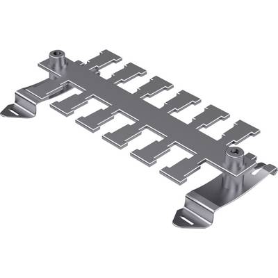 Metalowy element z wieloma wycięciami i dwoma zagiętymi uchwytami na końcach, prawdopodobnie element mocujący.