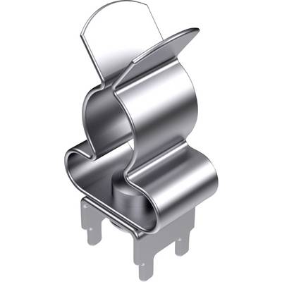 Metalowa klamra z cylindryczną podstawą, odpowiednia do mocowania płaskich przedmiotów. Jasny, błyszczący materiał.