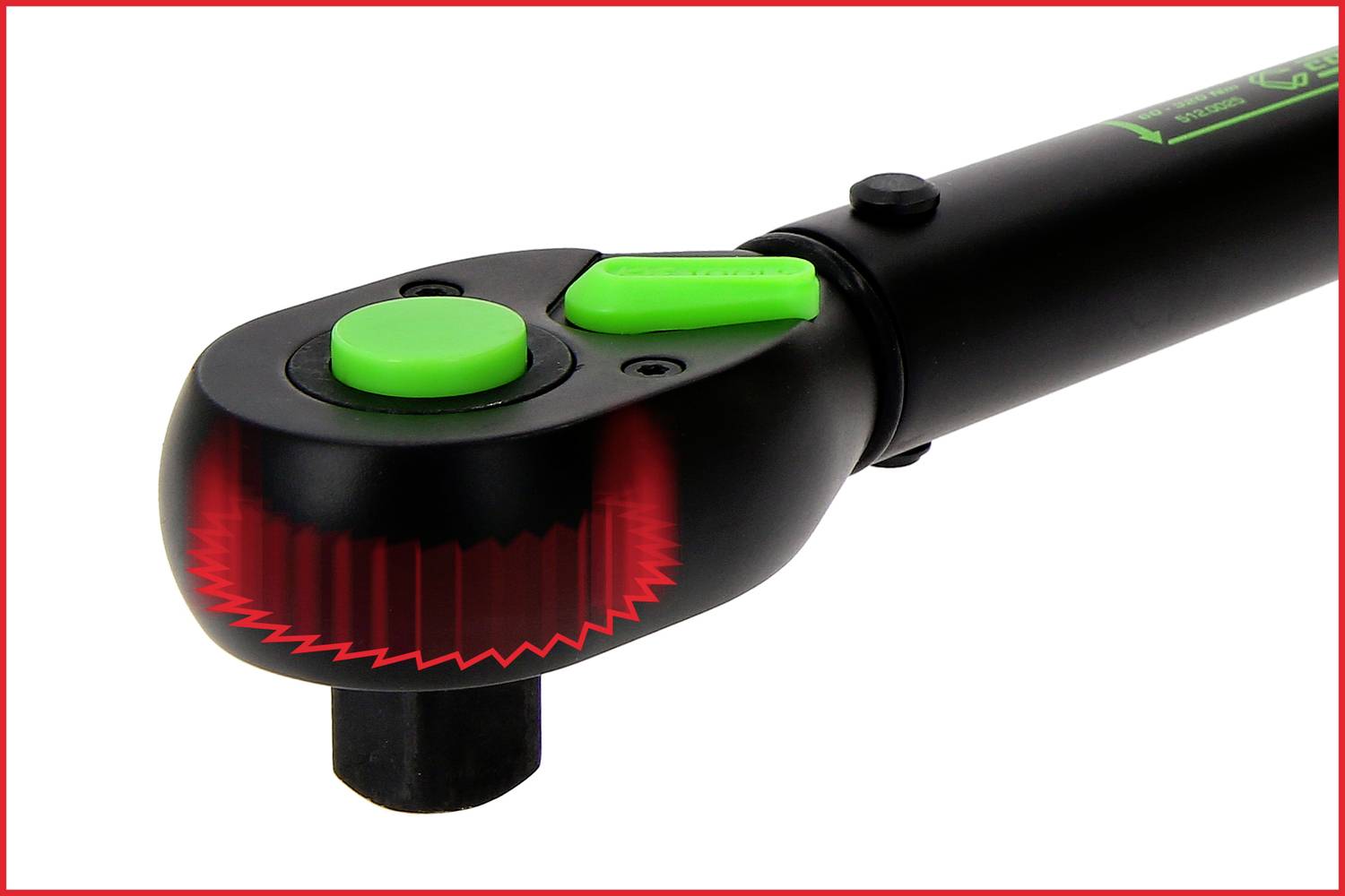 Czarny klucz dynamometryczny z zielonymi przyciskami i czerwonym oznaczeniem na jednym końcu.