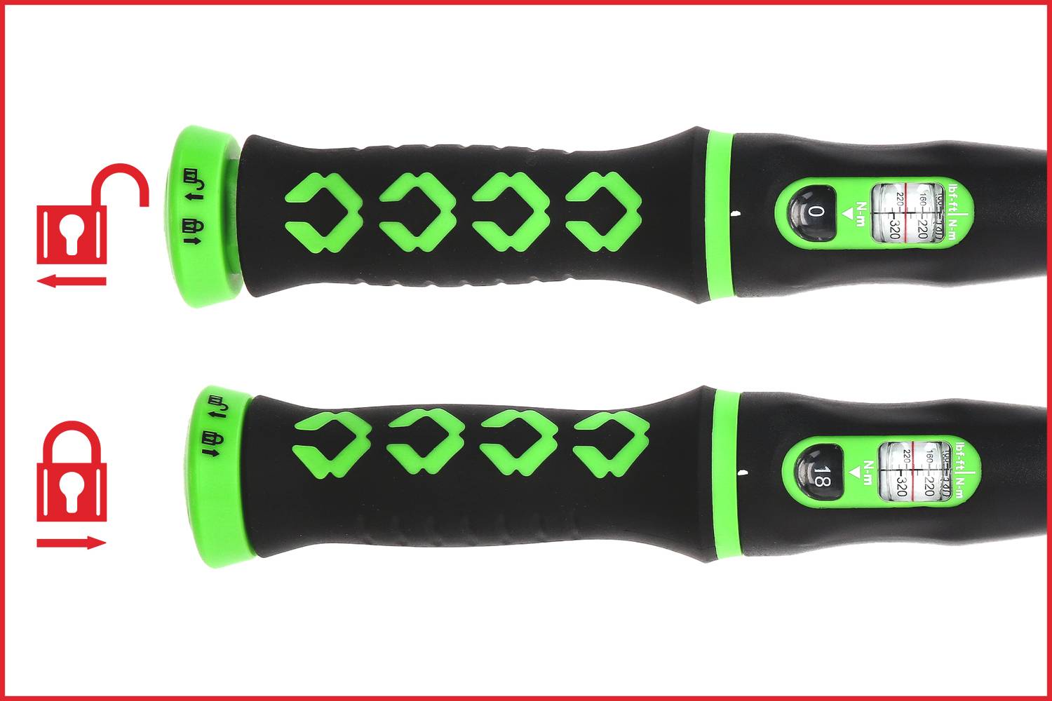 Regulacja skali rozmiaru na czarnych uchwytach z zielonymi strzałkami. Strzałki symbolizują sposób zmiany ustawień długości.