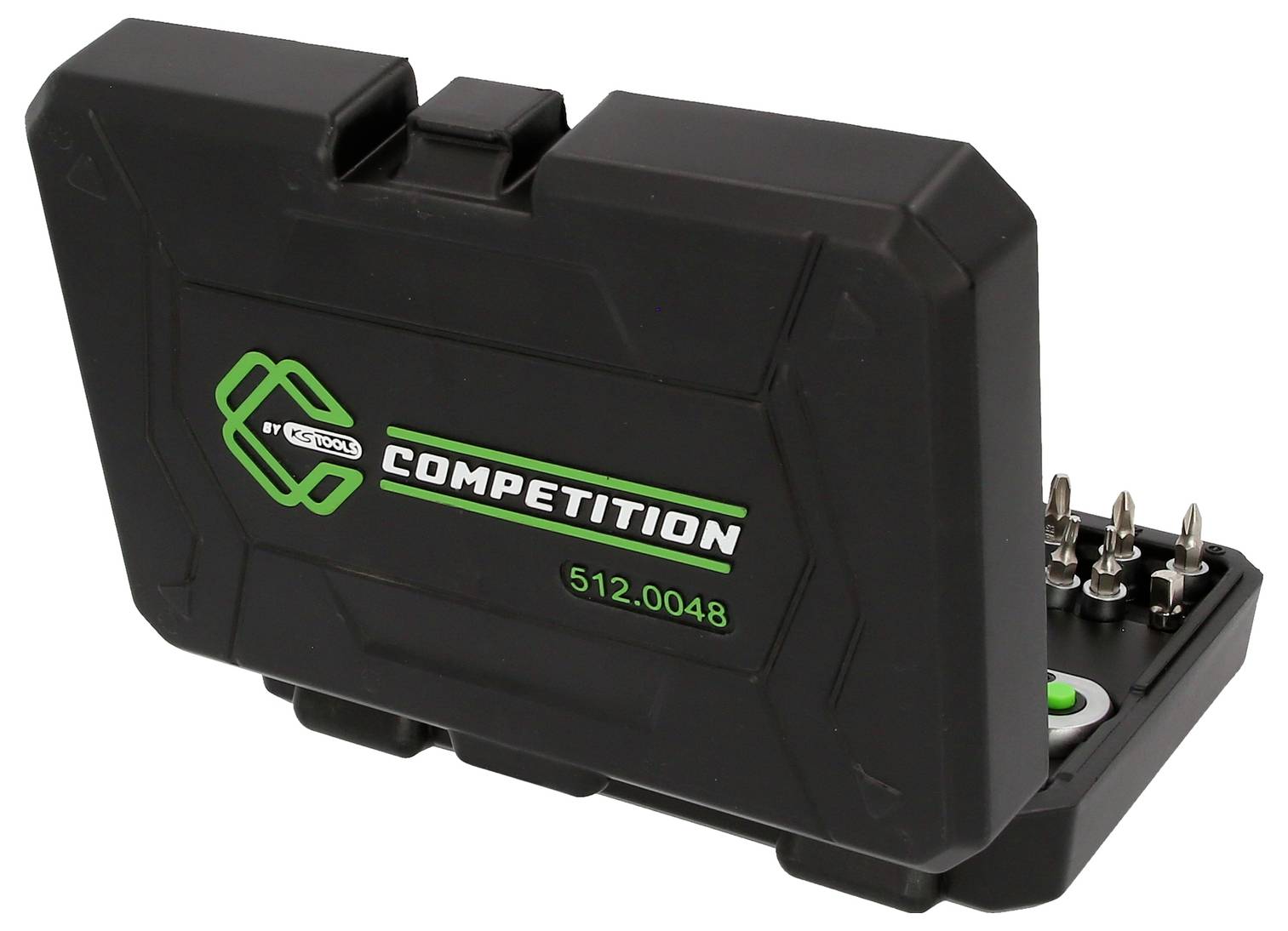 Czarne etui z tworzywa sztucznego z napisem 'Competition'. Zawiera różne bity, które można częściowo wyjąć.