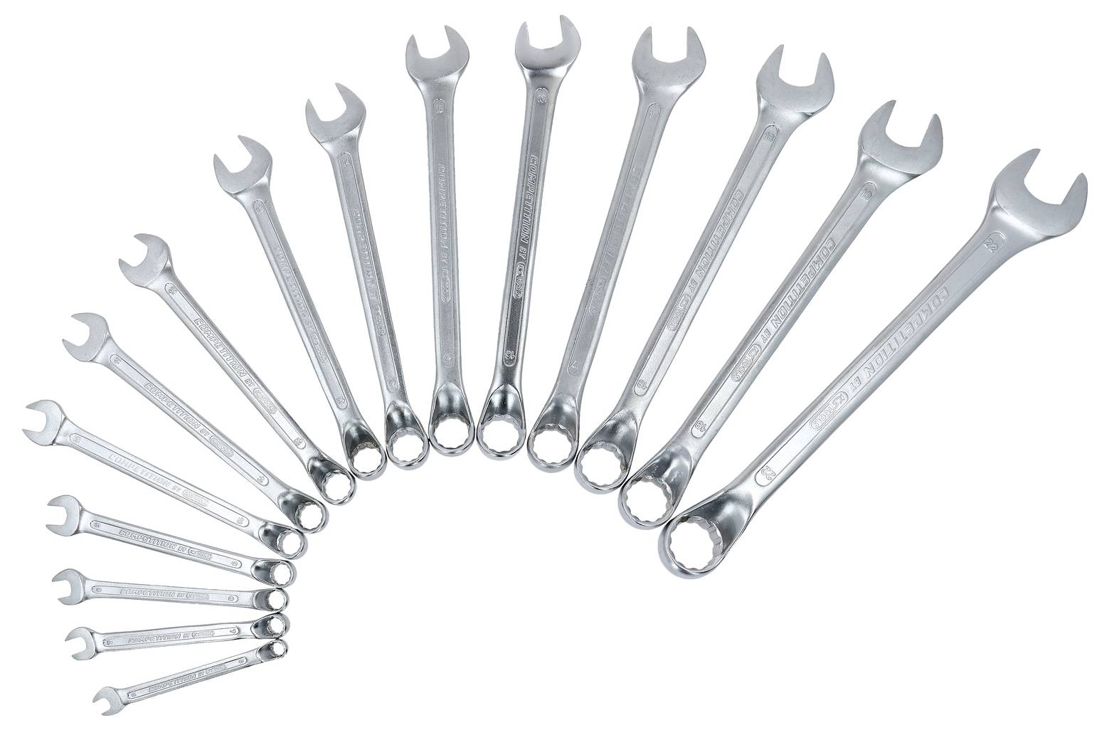 Trzynaście srebrnych kluczy nastawnych o różnych rozmiarach, ułożonych w kształcie wachlarza, na białym tle.