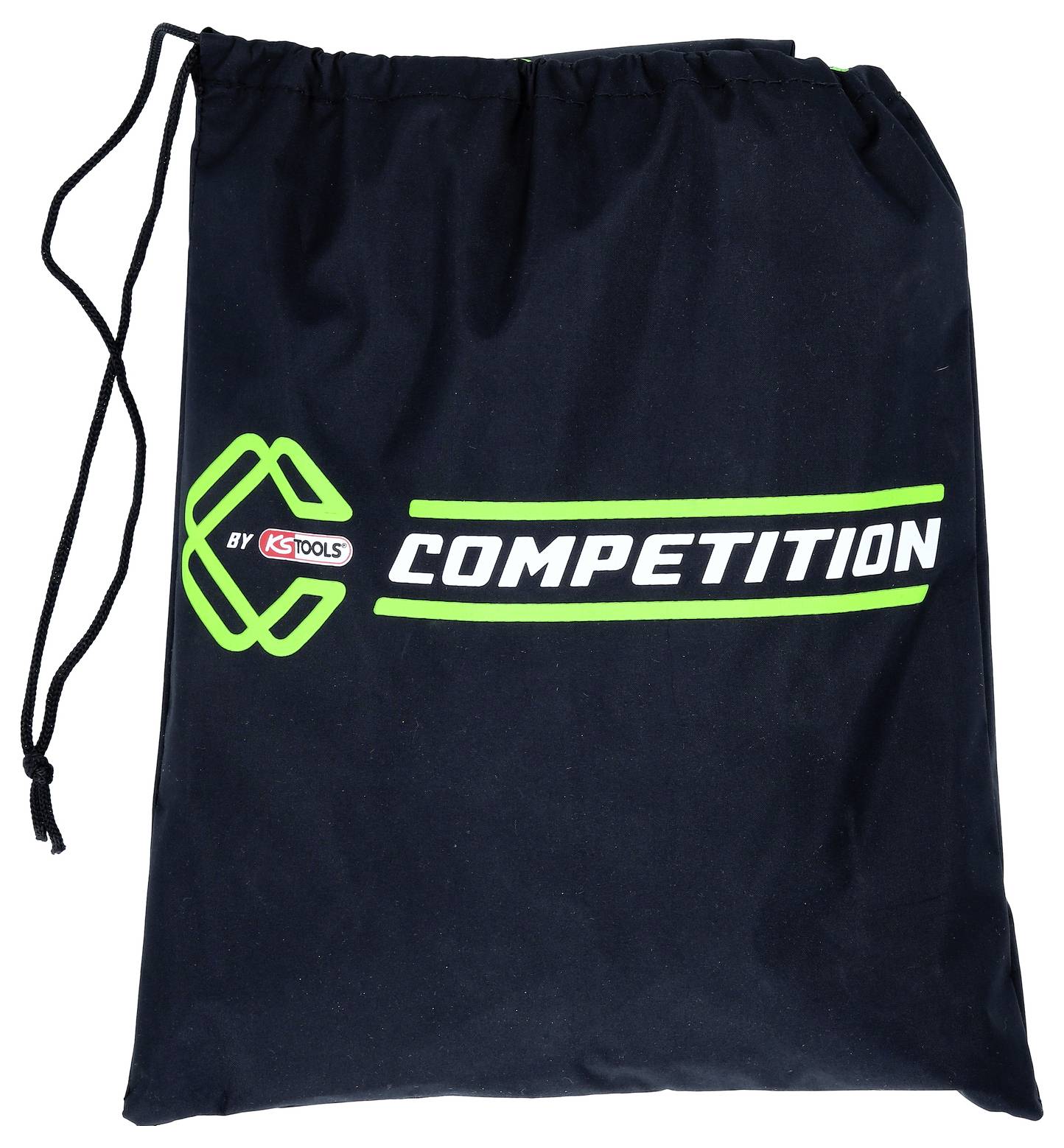 Czarny worek z zielonym napisem 'COMPETITION' i logo KS Tools. Worek jest wyposażony w sznurek ściągający.