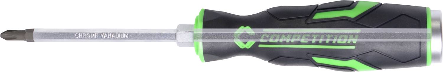 Wkrętak z czarną i zieloną rączką, oznaczony napisem 'Competition'.