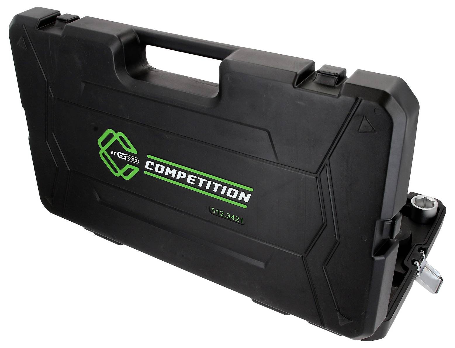 Czarny twardy kufer z zielonym napisem 'COMPETITION' i uchwytem, odpowiedni do transportu sprzętu sportowego.