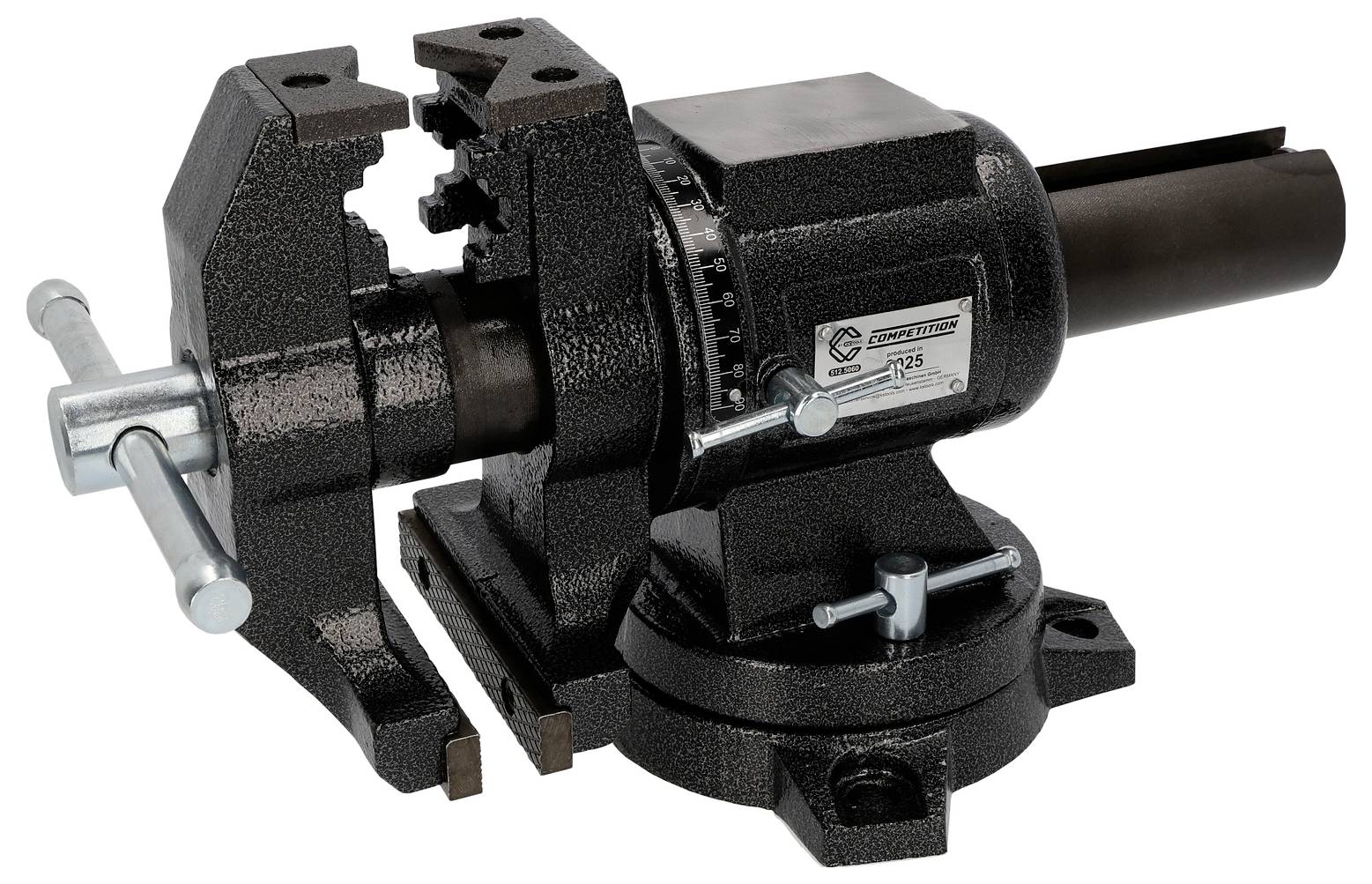 Czarny imadło ze składającym się z mechanizmu obrotowego i zaciskowego, zamontowane na stole warsztatowym, przeznaczone do bezpiecznego mocowania elementów obrabianych.