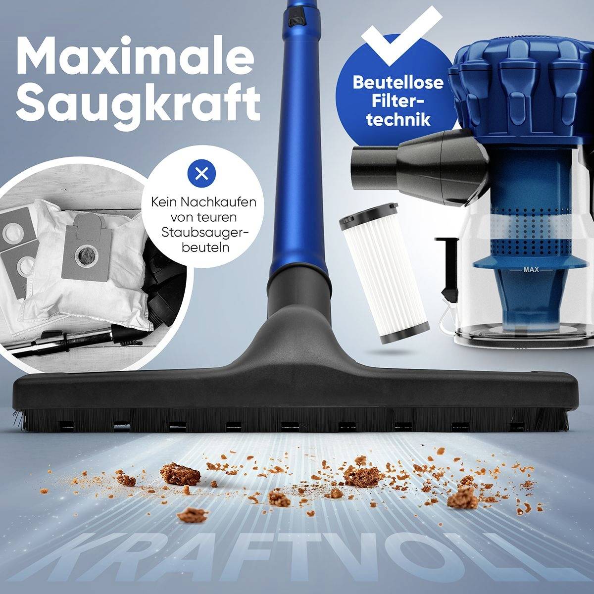 Maksymalna siła ssania prezentuje odkurzacz z technologią filtracji bez worka, wskazaniem akcesoriów i pochłanianiem brudu.