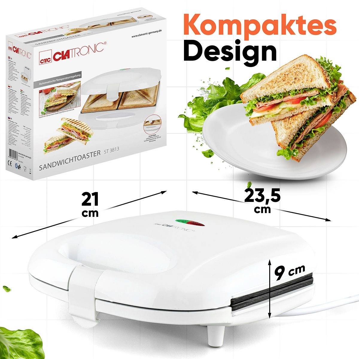 Elektryczny toster do kanapek z opakowaniem. Tost-sandwich na talerzu. Wymiary tostera: 21 cm x 23,5 cm x 9 cm. Tekst: "Kompaktowy design".