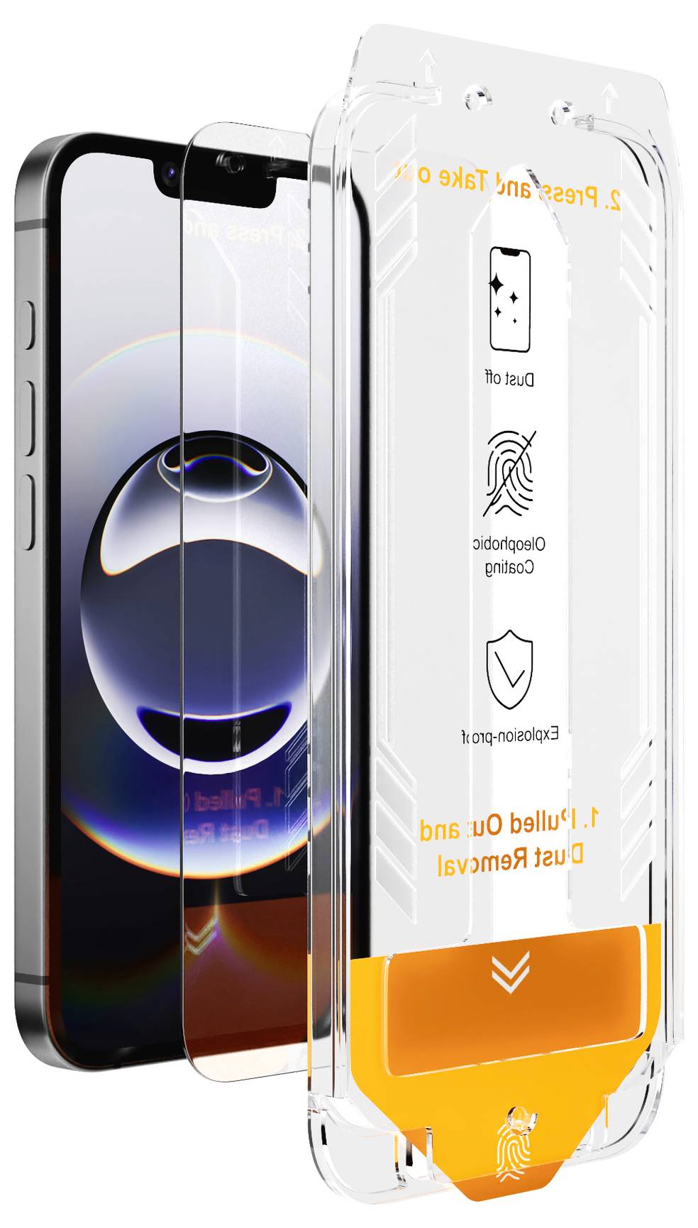 Przezroczysta folia ochronna do smartfona z instrukcją instalacji. Zestaw prezentuje dwustronną folię ochronną z wycięciami.