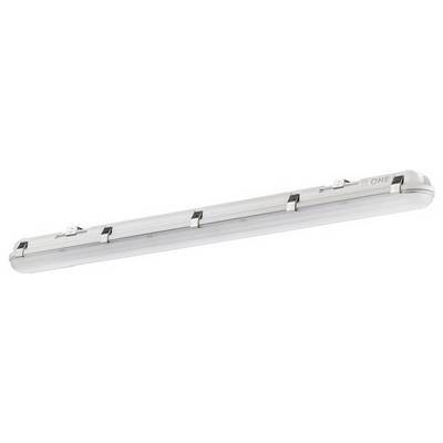 Podłużna lampa LED z przezroczystą obudową, zamocowana za pomocą kilku metalowych zacisków, odpowiednia do montażu sufitowego we wnętrzach.