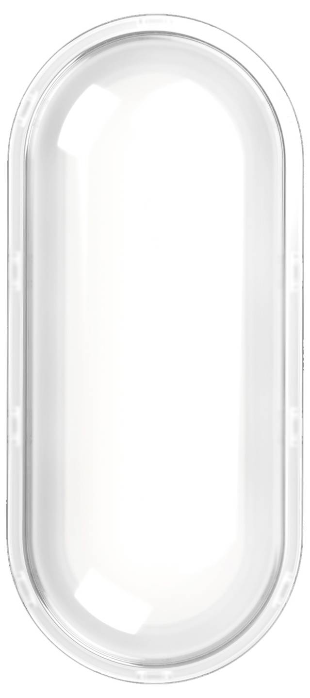 Gładki, wydłużony obiekt w kształcie owalu wykonany ze szkła o odblaskowej powierzchni, prawdopodobnie element osłony lub składnik oprawy świetlnej.