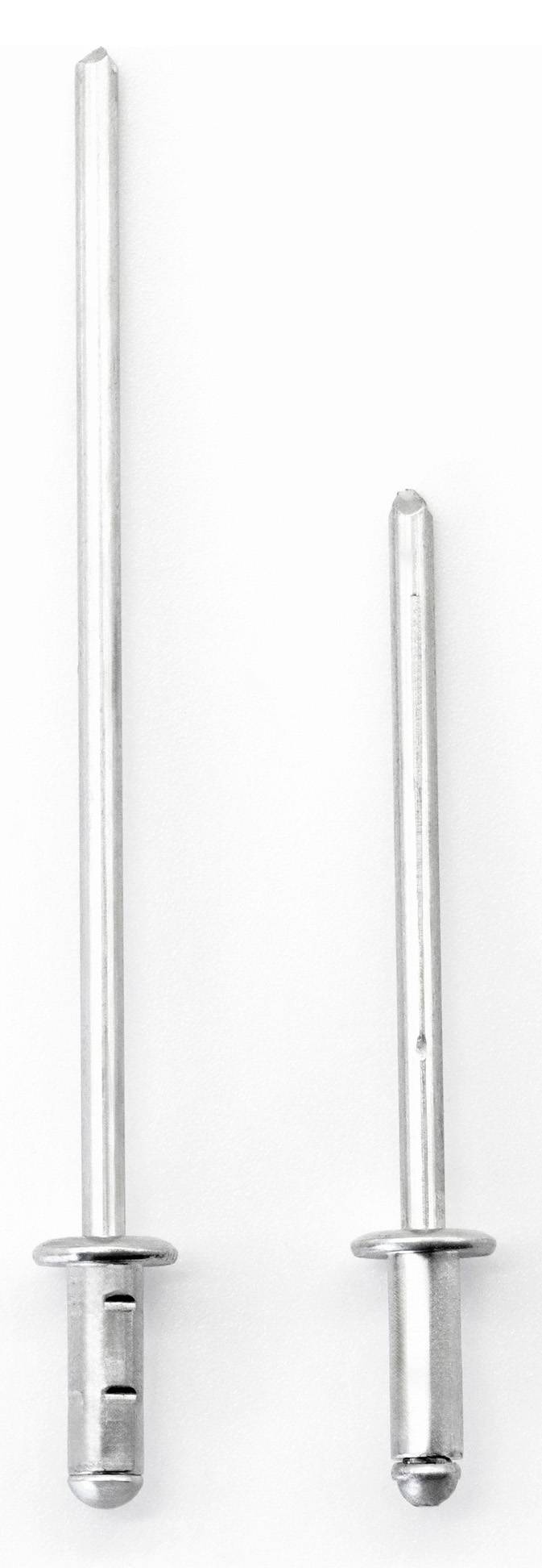 Dwa srebrne nity ślepe, jeden większy, drugi mniejszy, stojące pionowo na białym tle.