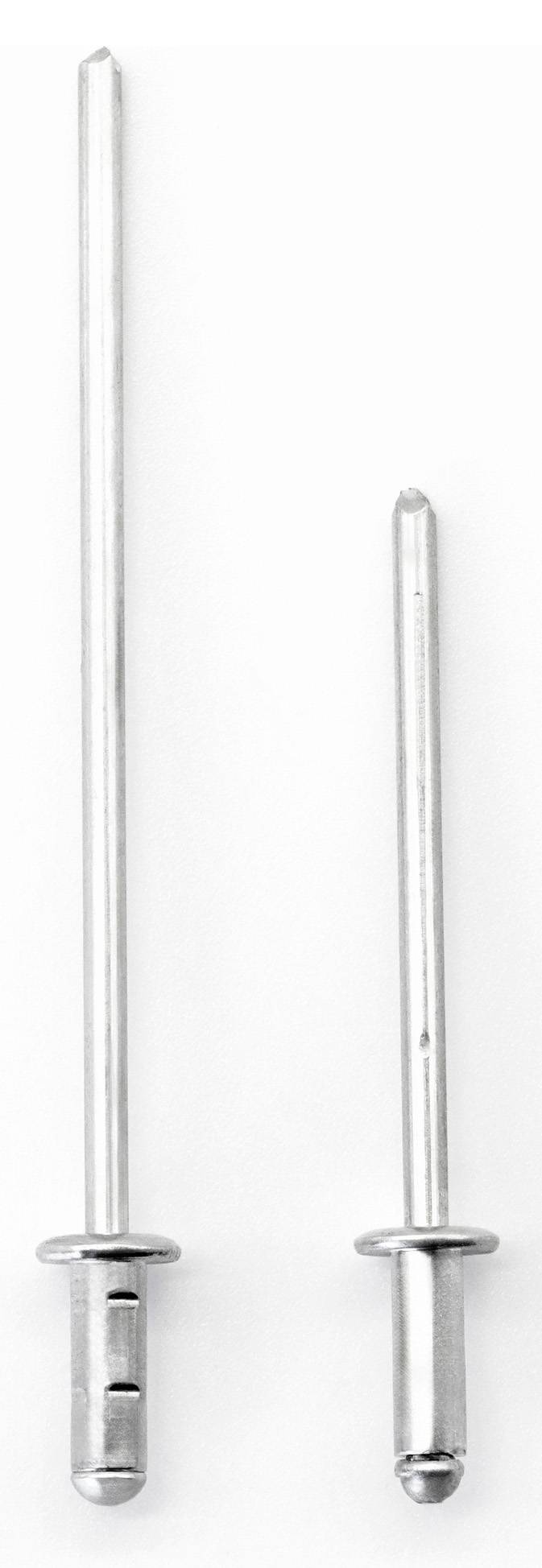 Dwa różnej wielkości srebrzyste nity zrywalne z metalu na białym tle. Oba mają długi trzpień i płaską główkę.