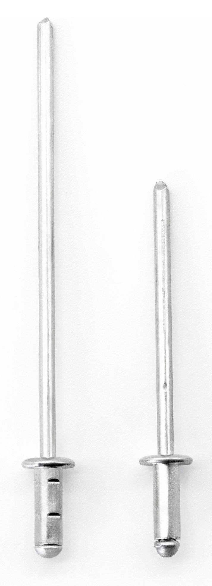 Dwa różnej wielkości metalowe nity ślepe, ustawione pionowo. Po lewej stronie dłuższy, po prawej stronie krótszy nit.