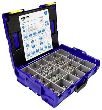 Niebiesko-żółty futerał sprzętowy jest otwarty, pokazując sekcje wypełnione różnorodnymi śrubami. Diagram na pokrywie przedstawia układ przechowywania.