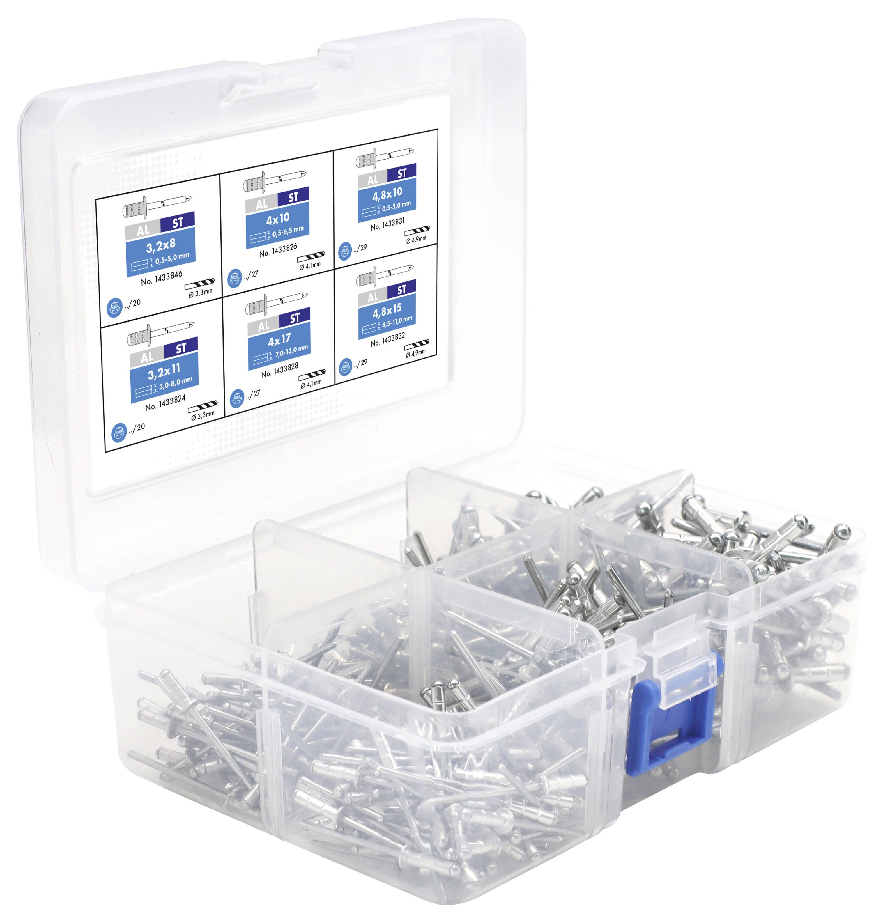 Przezroczyste plastikowe pudełko z sześcioma przegródkami, wypełnione różnymi rodzajami śrub. Wewnętrzna strona pokrywy zawiera tabelę rozmiarów śrub.