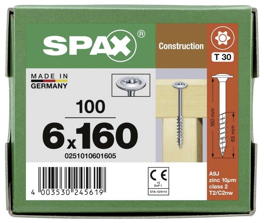 SPAX 0251010601605 R 88193 Шуруп по дереву m.Spitze/T-STAR 6 мм 160 мм T-STAR plus сталь WIROX 100 шт.
