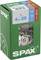 Zielona opakowanie SPAX z 75 śrubami o rozmiarze 4,5 x 25 mm, nierdzewnymi, wykonanymi ze stali nierdzewnej (A2), widocznymi przez przezroczyste okienko.