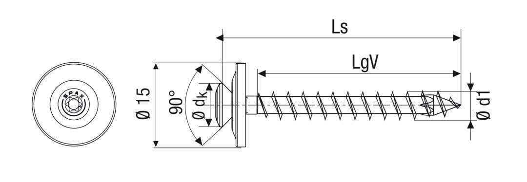 Rysunek techniczny śruby z wymiarami: średnica główki 15 mm, długość Ls, długość gwintu LgV, kąt główki 90°, średnica otworu dk.