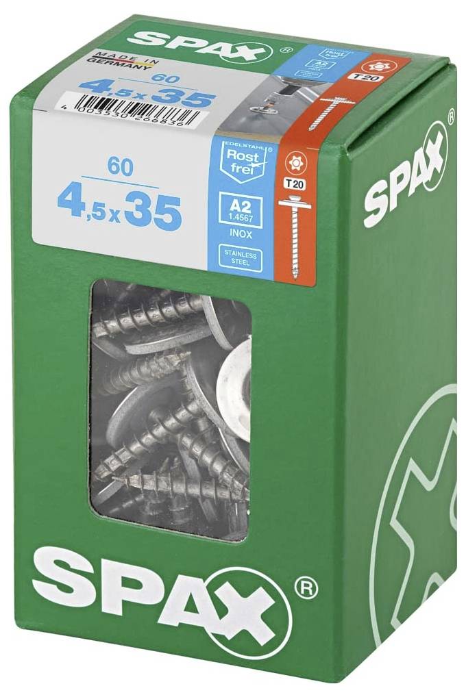 SPAX 4577000450357 Шуруп для листового металу 4,5 мм 35 мм T-STAR plus нержавіюча сталь A2 60 шт.