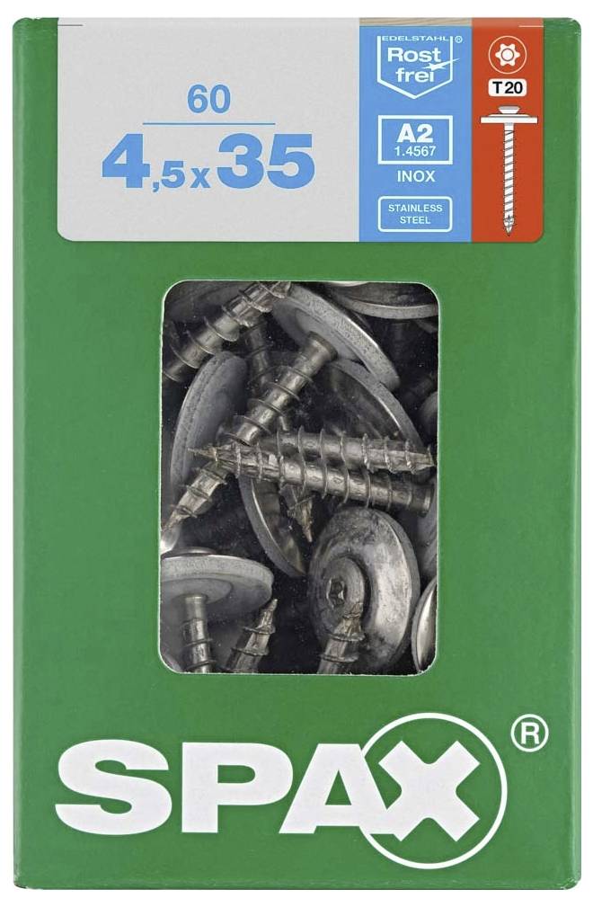 SPAX 4577000450357 Шуруп для листового металу 4,5 мм 35 мм T-STAR plus нержавіюча сталь A2 60 шт.