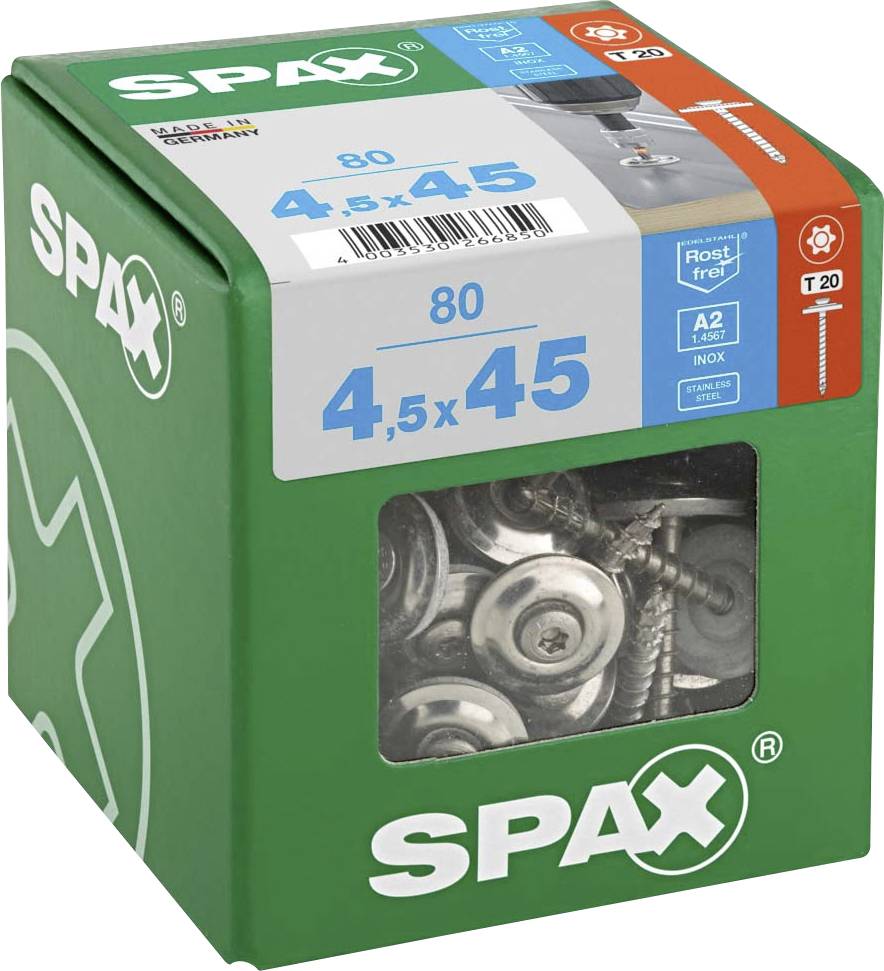 SPAX 4577000450456 Шуруп для листового металу 4,5 мм 45 мм T-STAR plus нержавіюча сталь A2 80 шт.
