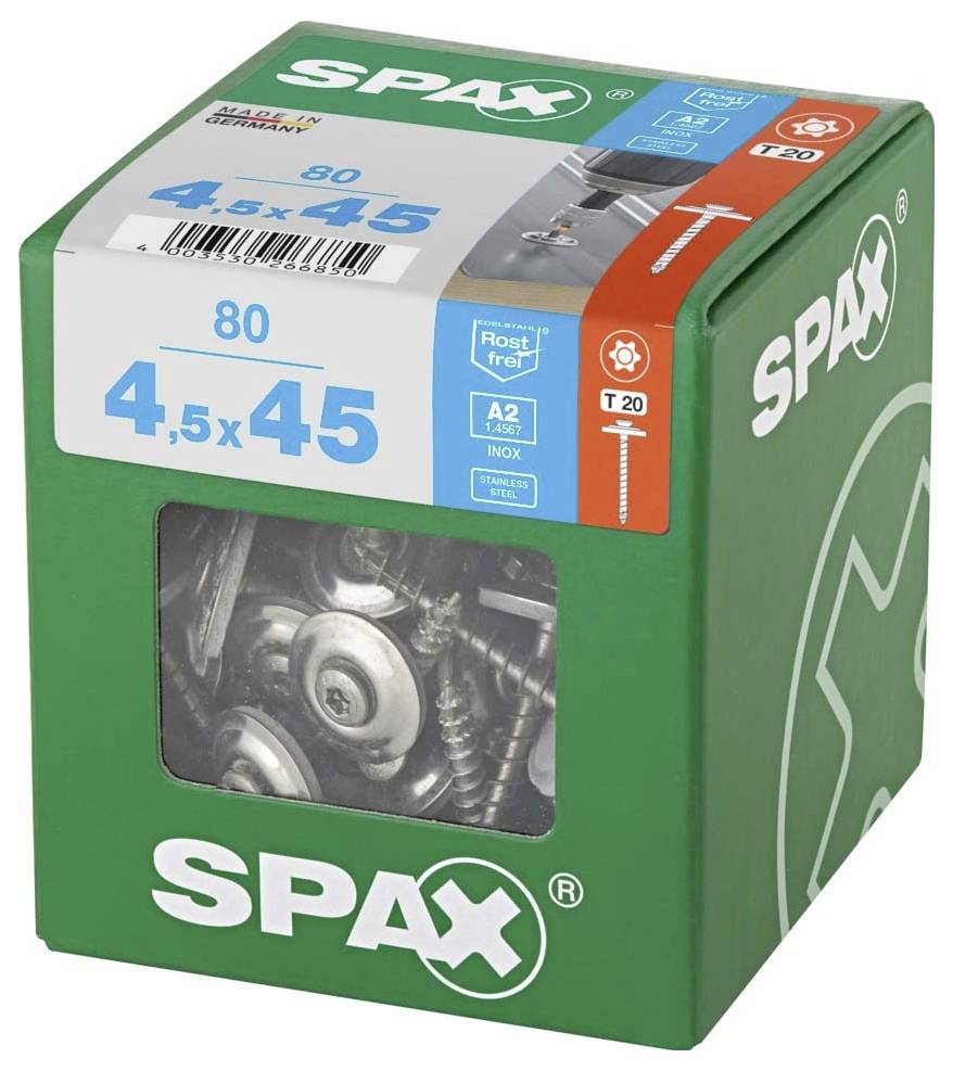 SPAX 4577000450456 Шуруп для листового металу 4,5 мм 45 мм T-STAR plus нержавіюча сталь A2 80 шт.