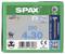 Zielone pudełko wkrętów SPAX z logo, napisem 'Made in Germany', symbolem stali nierdzewnej i kodem QR. Zawiera 200 sztuk, rozmiar 4x30 mm.